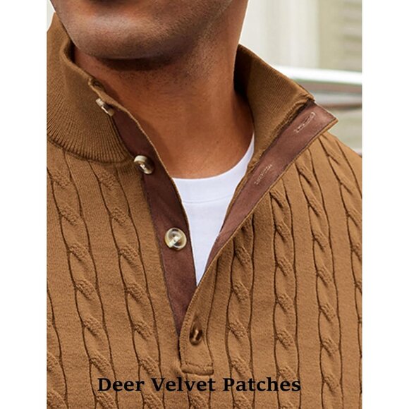 Men's Cable Knit Pullover Sweater Long Sleeve Stand Collar Button Up Light Brown - Picture 4 of 6